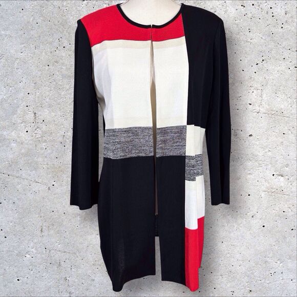 Misook Womens Knit Cardigan Size Medium Black Red White Colorblock Open Front - Picture 1 of 9